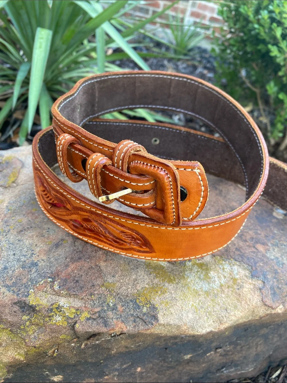 Unisex Leather RANGER Western-Style Tooled Belt with Red Accent